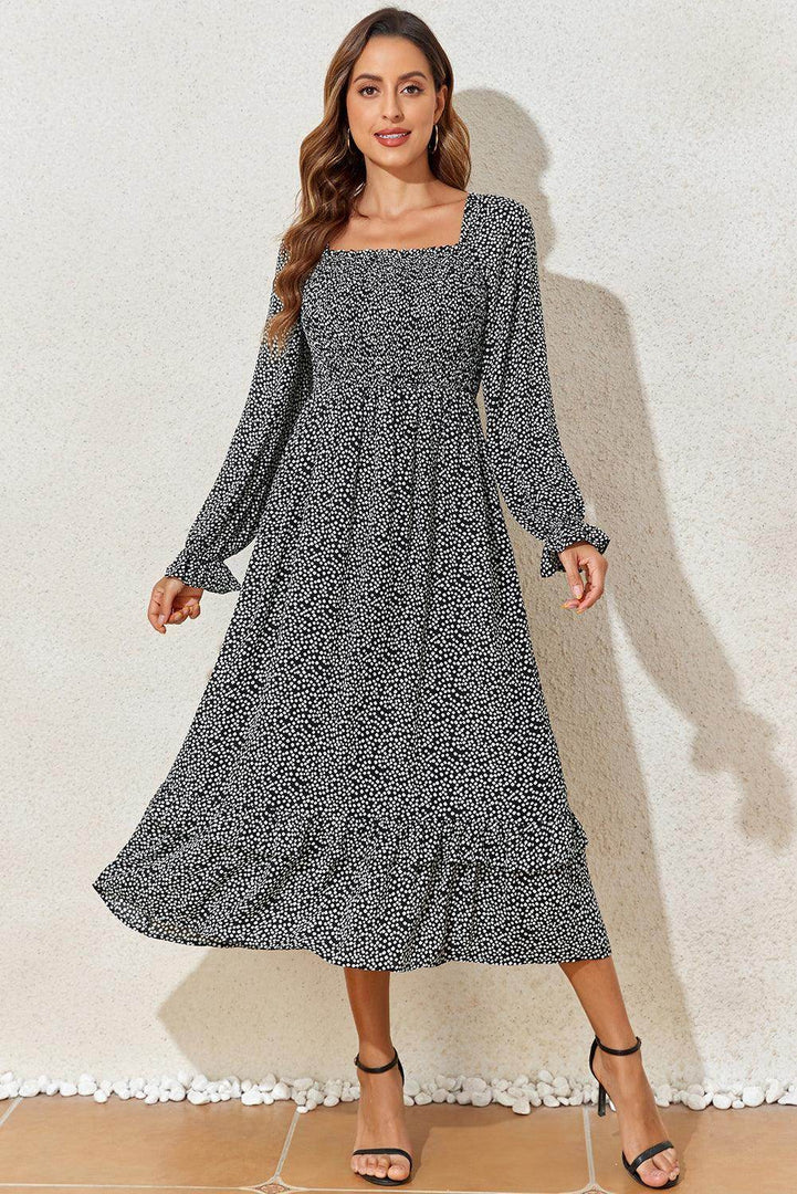 Black Floral Printed Long Sleeve Square Neck Midi Dress - Fashion Queen -  3
