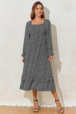 Load image into Gallery viewer, Black Floral Printed Long Sleeve Square Neck Midi Dress - Fashion Queen -  4
