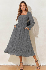 Load image into Gallery viewer, Black Floral Printed Long Sleeve Square Neck Midi Dress - Fashion Queen -  5
