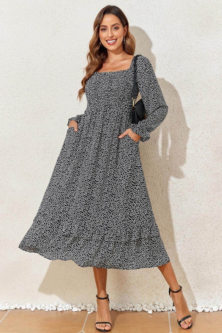 Black Floral Printed Long Sleeve Square Neck Midi Dress - Fashion Queen -  5