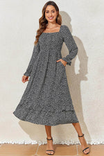 Load image into Gallery viewer, Black Floral Printed Long Sleeve Square Neck Midi Dress - Fashion Queen -  6

