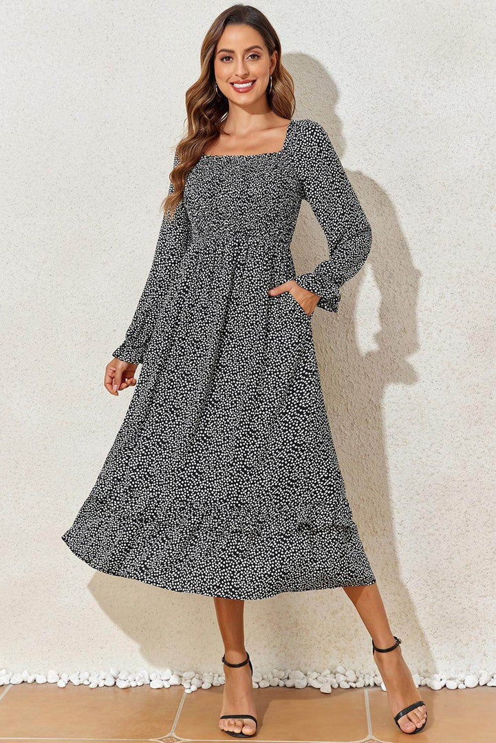 Black Floral Printed Long Sleeve Square Neck Midi Dress - Fashion Queen -  6