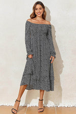 Load image into Gallery viewer, Black Floral Printed Long Sleeve Square Neck Midi Dress - Fashion Queen -  7
