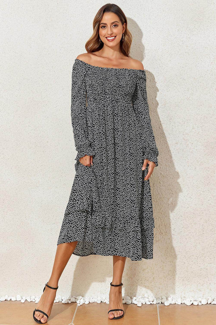 Black Floral Printed Long Sleeve Square Neck Midi Dress - Fashion Queen -  7