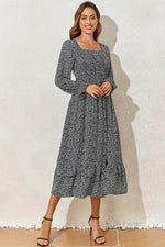 Load image into Gallery viewer, Black Floral Printed Long Sleeve Square Neck Midi Dress - Fashion Queen -  8
