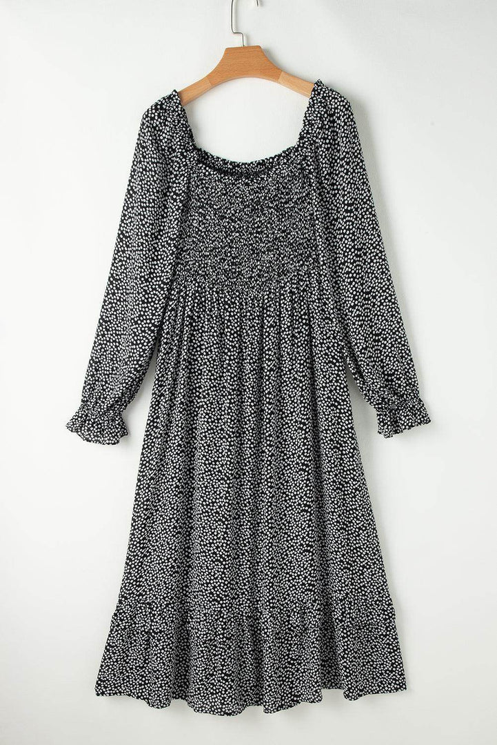 Black Floral Printed Long Sleeve Square Neck Midi Dress - Fashion Queen -  9