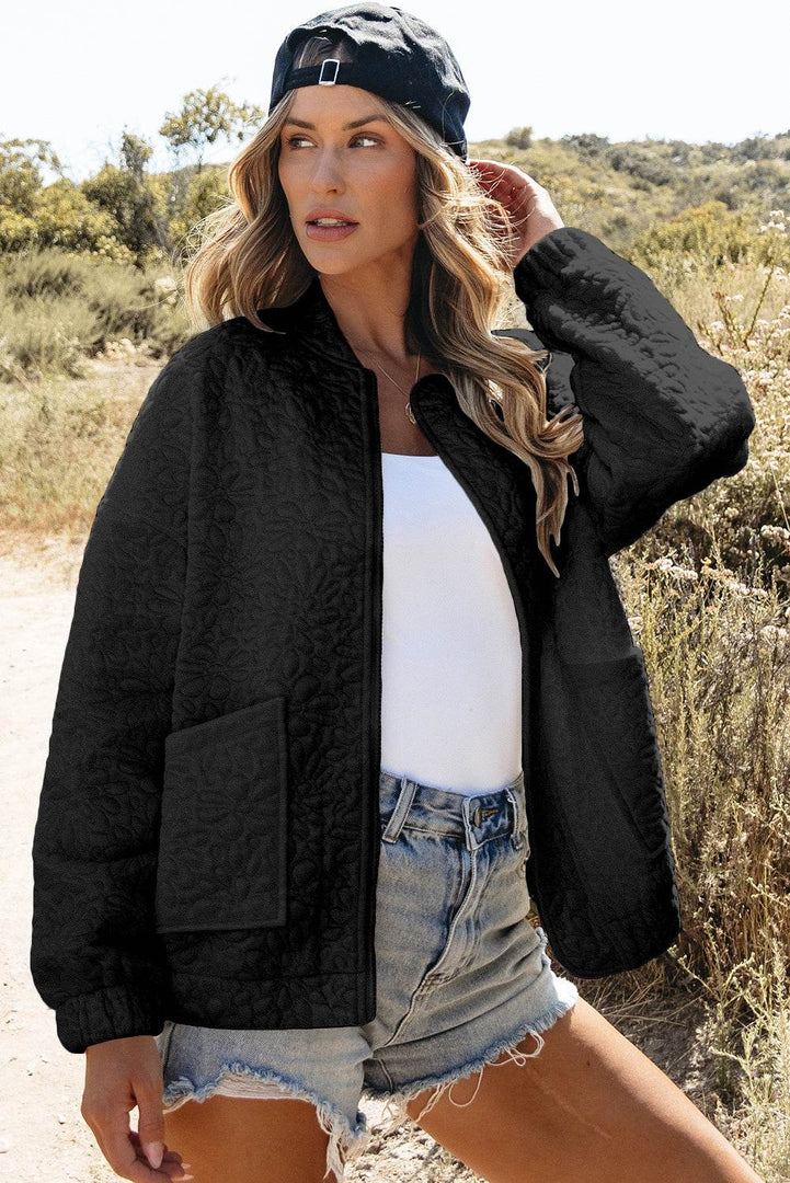 Black Floral Quilted Jacket - Fashion Queen -  3