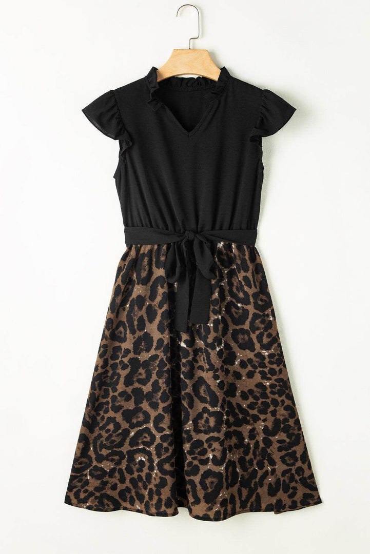 Black Flutter Sleeve Bodice Splicing Leopard Print Dress - Fashion Queen -  12