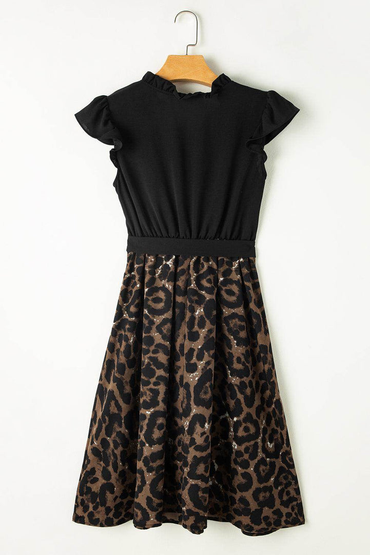 Black Flutter Sleeve Bodice Splicing Leopard Print Dress - Fashion Queen -  13
