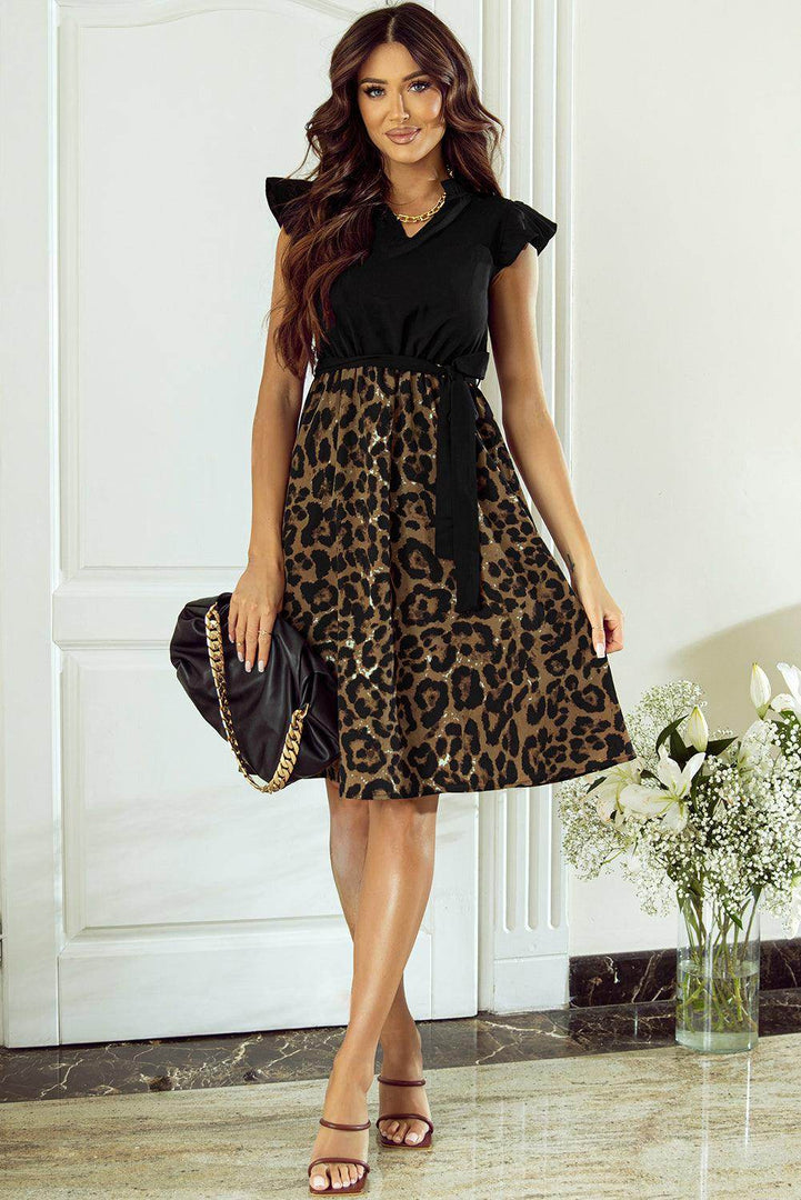 Black Flutter Sleeve Bodice Splicing Leopard Print Dress - Fashion Queen -  4