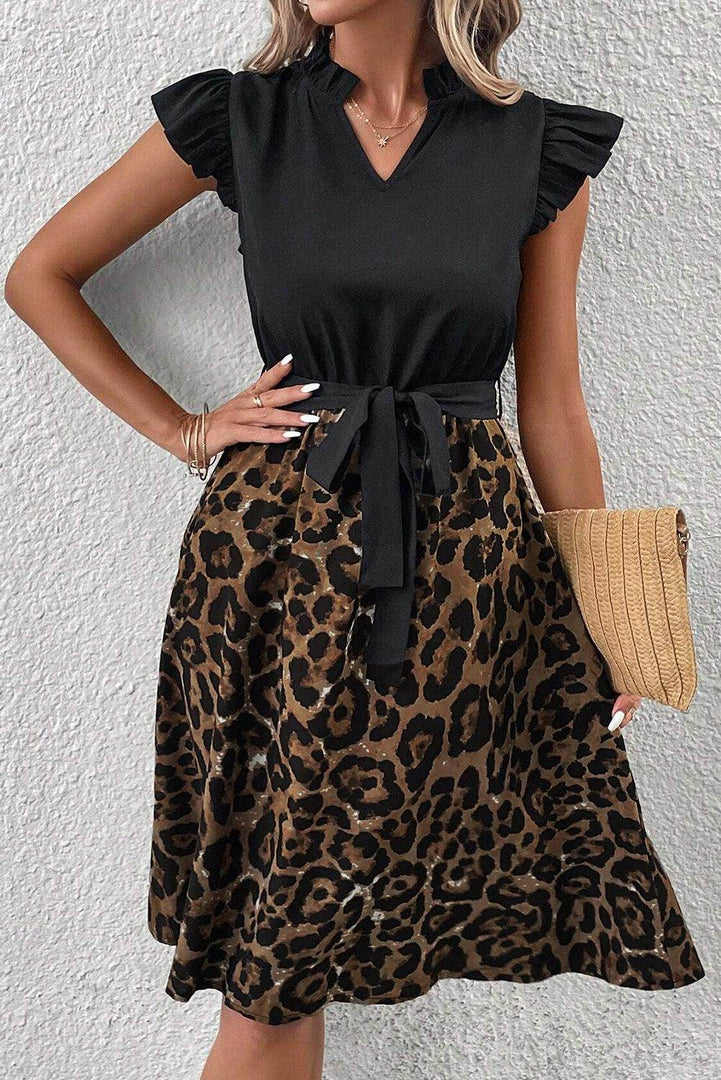 Black Flutter Sleeve Bodice Splicing Leopard Print Dress - Fashion Queen -  7