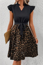 Load image into Gallery viewer, Black Flutter Sleeve Bodice Splicing Leopard Print Dress - Fashion Queen -  9
