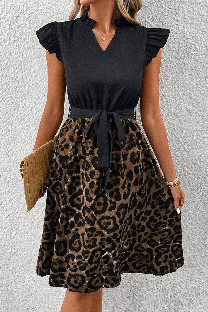 Black Flutter Sleeve Bodice Splicing Leopard Print Dress - Fashion Queen -  9