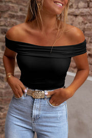 Black Folded Off Shoulder Slim Top - Fashion Queen -  1
