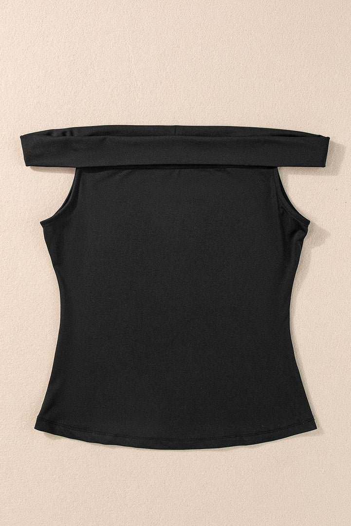 Black Folded Off Shoulder Slim Top - Fashion Queen -  8