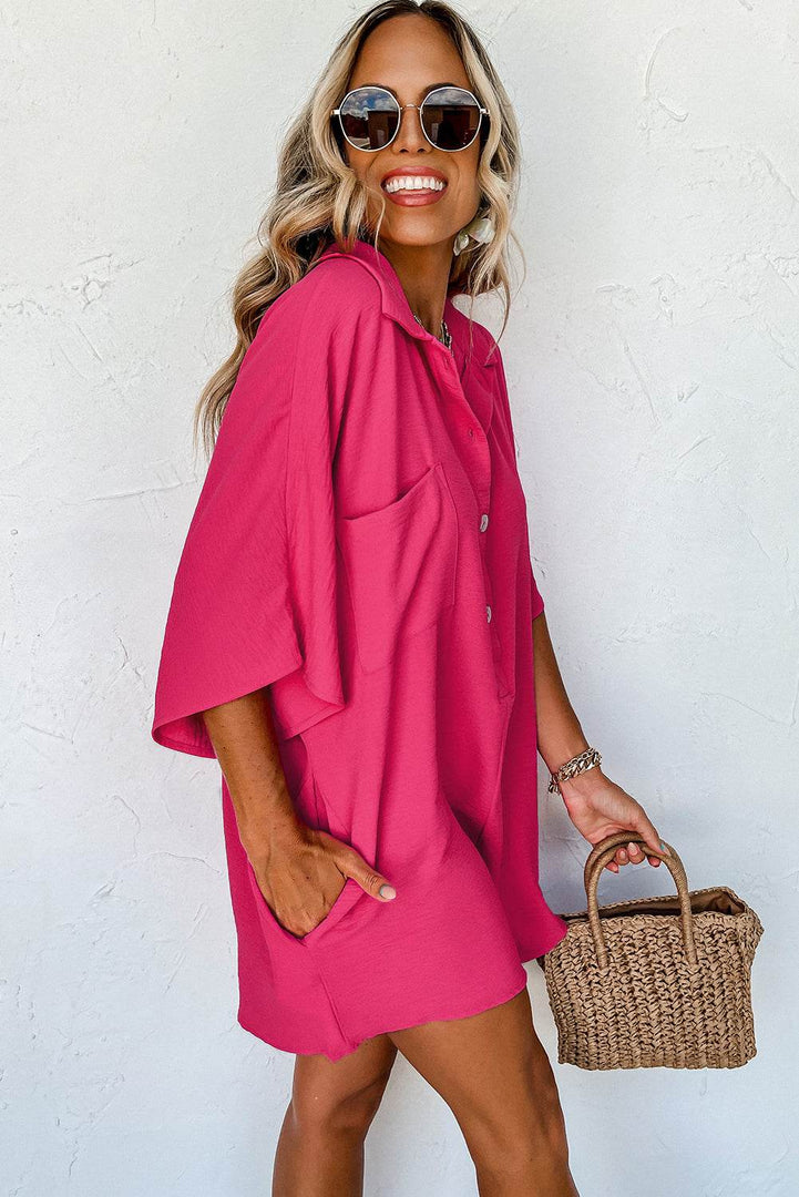 Black Half Button Collared Loose Romper - Fashion Queen -  22