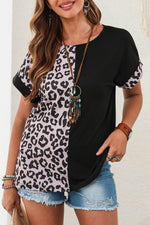 Load image into Gallery viewer, Black Half Leopard Patchwork Short Sleeves Top - Fashion Queen -  1
