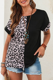 Black Half Leopard Patchwork Short Sleeves Top - Fashion Queen -  1