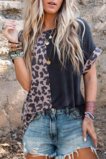 Load image into Gallery viewer, Black Half Leopard Patchwork Short Sleeves Top - Fashion Queen -  10

