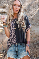 Load image into Gallery viewer, Black Half Leopard Patchwork Short Sleeves Top - Fashion Queen -  11
