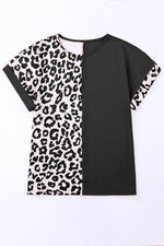 Load image into Gallery viewer, Black Half Leopard Patchwork Short Sleeves Top - Fashion Queen -  13
