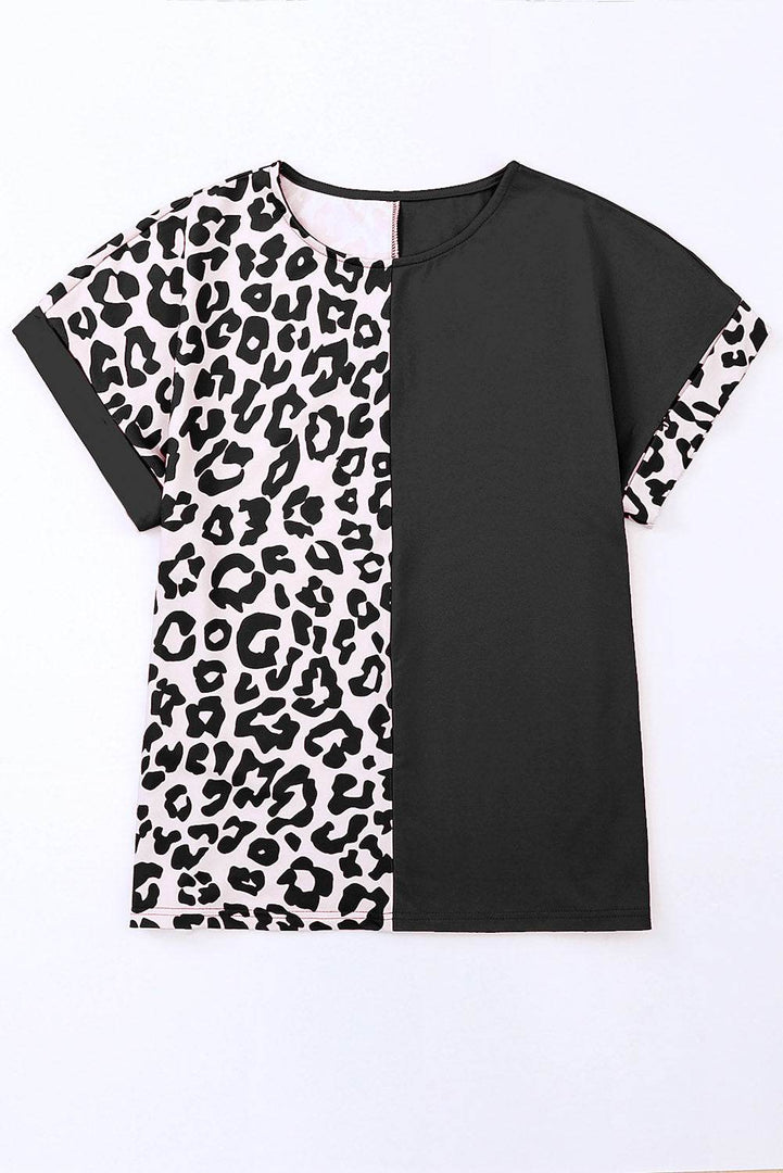 Black Half Leopard Patchwork Short Sleeves Top - Fashion Queen -  13