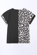 Load image into Gallery viewer, Black Half Leopard Patchwork Short Sleeves Top - Fashion Queen -  14
