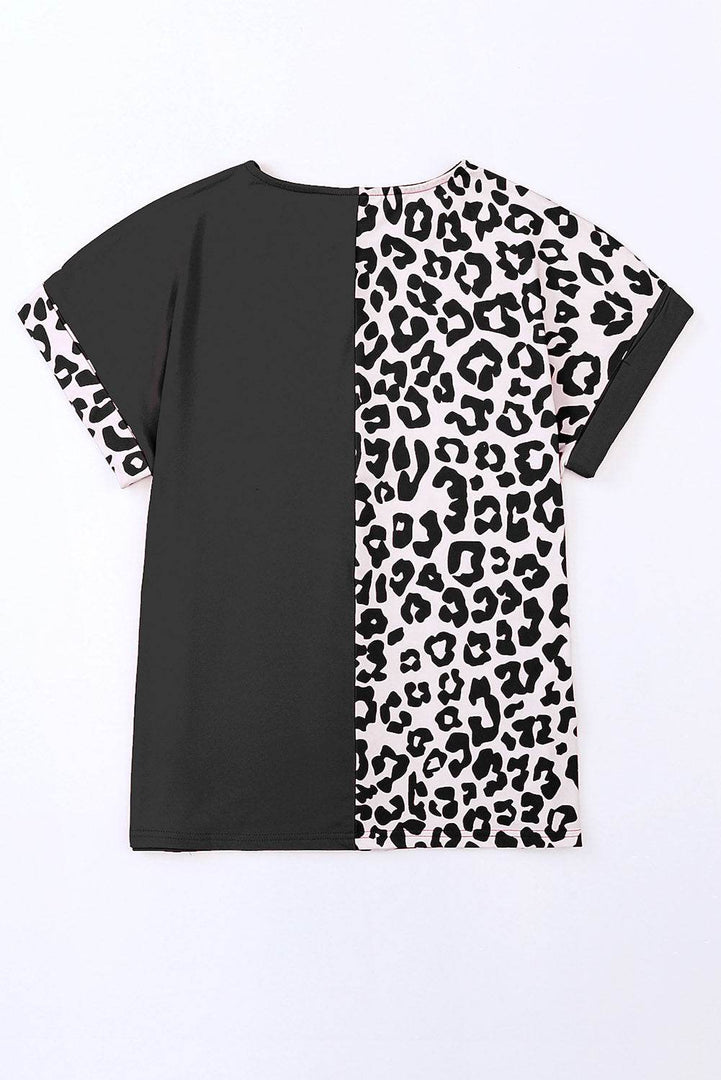 Black Half Leopard Patchwork Short Sleeves Top - Fashion Queen -  14