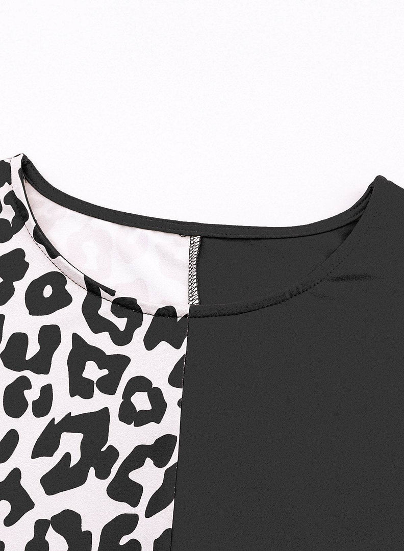 Black Half Leopard Patchwork Short Sleeves Top - Fashion Queen -  15