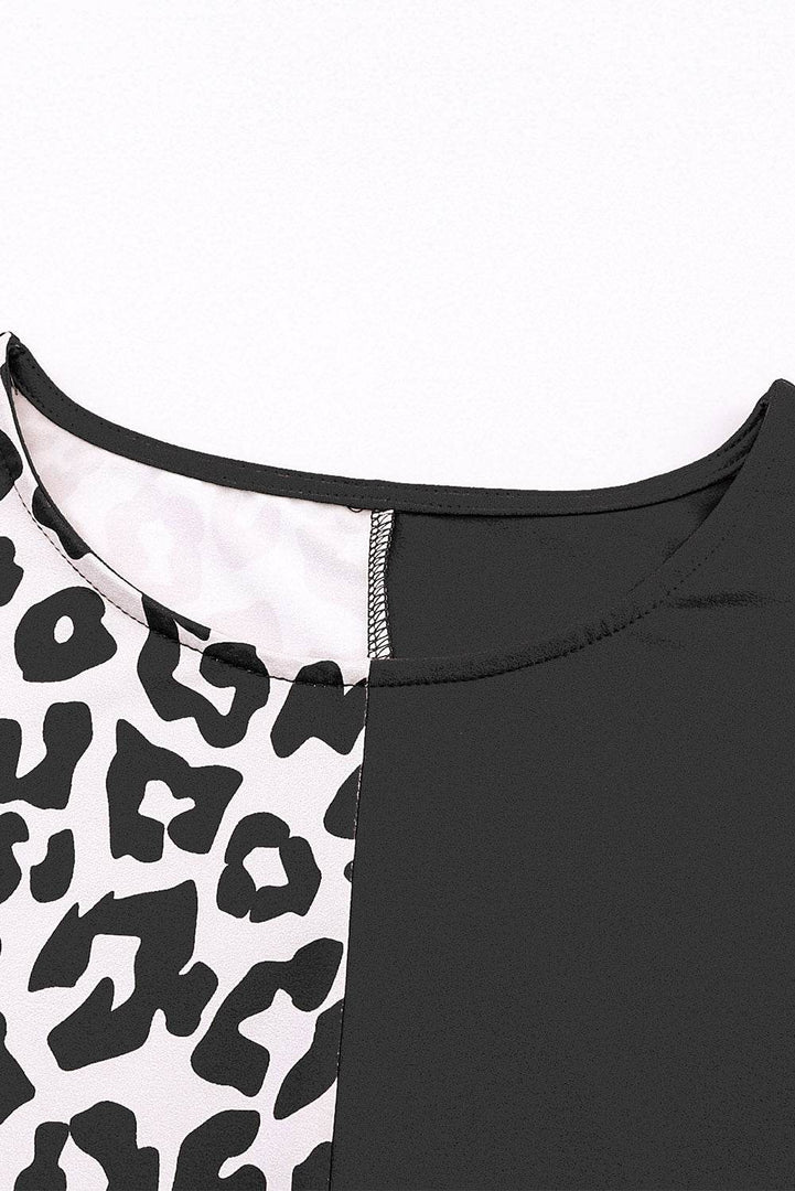 Black Half Leopard Patchwork Short Sleeves Top - Fashion Queen -  19
