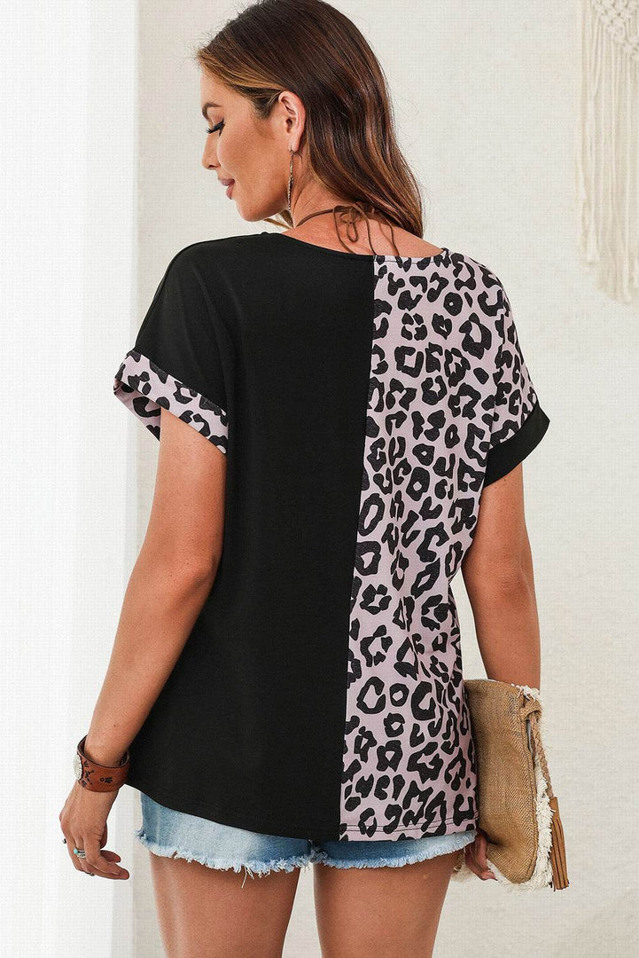 Black Half Leopard Patchwork Short Sleeves Top - Fashion Queen -  2