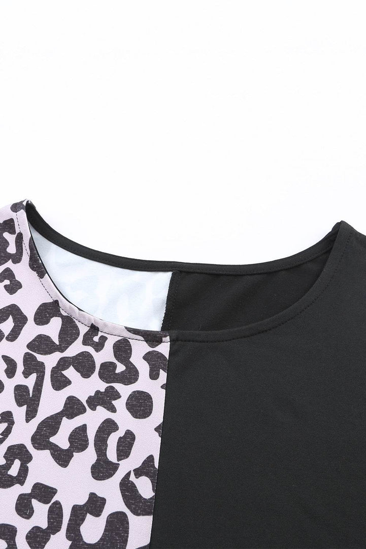 Black Half Leopard Patchwork Short Sleeves Top - Fashion Queen -  21