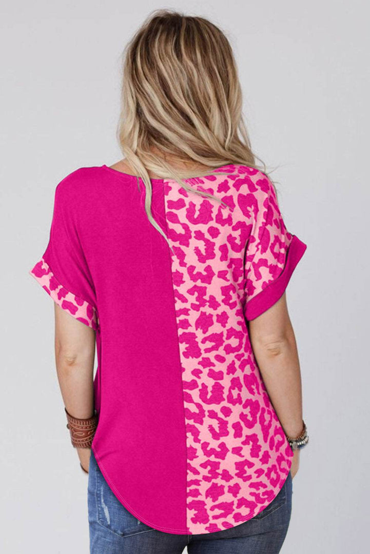 Black Half Leopard Patchwork Short Sleeves Top - Fashion Queen -  25