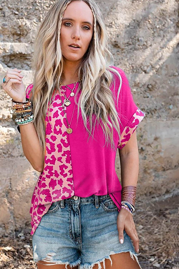 Black Half Leopard Patchwork Short Sleeves Top - Fashion Queen -  26