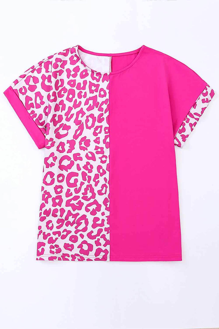 Black Half Leopard Patchwork Short Sleeves Top - Fashion Queen -  29