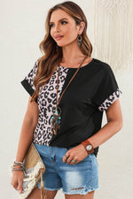 Load image into Gallery viewer, Black Half Leopard Patchwork Short Sleeves Top - Fashion Queen -  3
