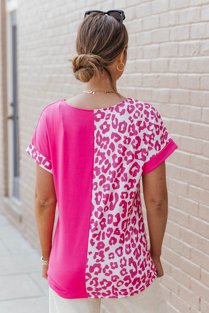 Black Half Leopard Patchwork Short Sleeves Top - Fashion Queen -  5