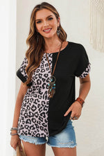 Load image into Gallery viewer, Black Half Leopard Patchwork Short Sleeves Top - Fashion Queen -  8
