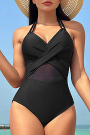 Black Halter Mesh Insert Cross Front One-Piece Swimsuit - Fashion Queen -  1