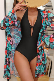 Black Halter Neck Monokini with Floral Beach Cover Up - Fashion Queen -  1