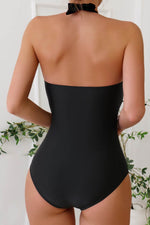 Load image into Gallery viewer, Black Halter Neck Monokini with Floral Beach Cover Up - Fashion Queen -  4
