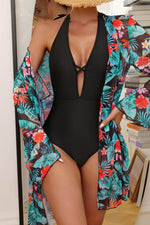 Load image into Gallery viewer, Black Halter Neck Monokini with Floral Beach Cover Up - Fashion Queen -  6
