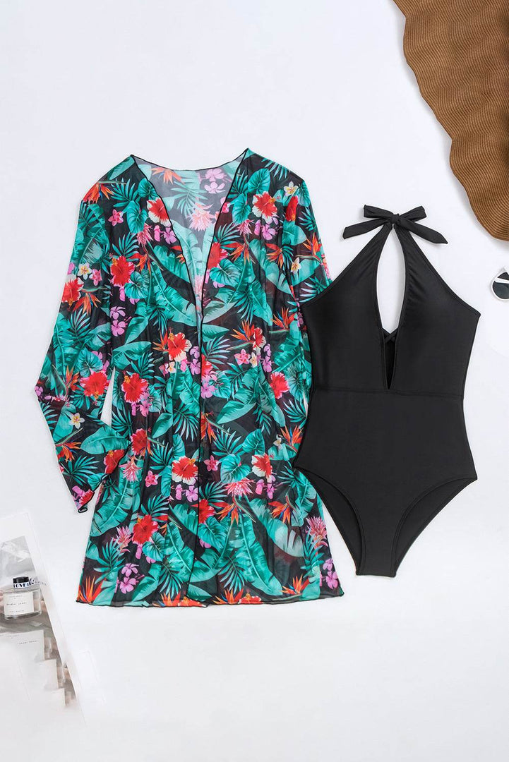 Black Halter Neck Monokini with Floral Beach Cover Up - Fashion Queen -  7