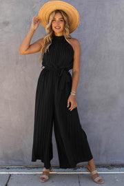 Black Halter Neck Pleated Wide Leg Jumpsuit with Belt - Fashion Queen -  1