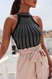 Black High Neck Sleeveless Diamante Bodysuit - Fashion Queen -  1