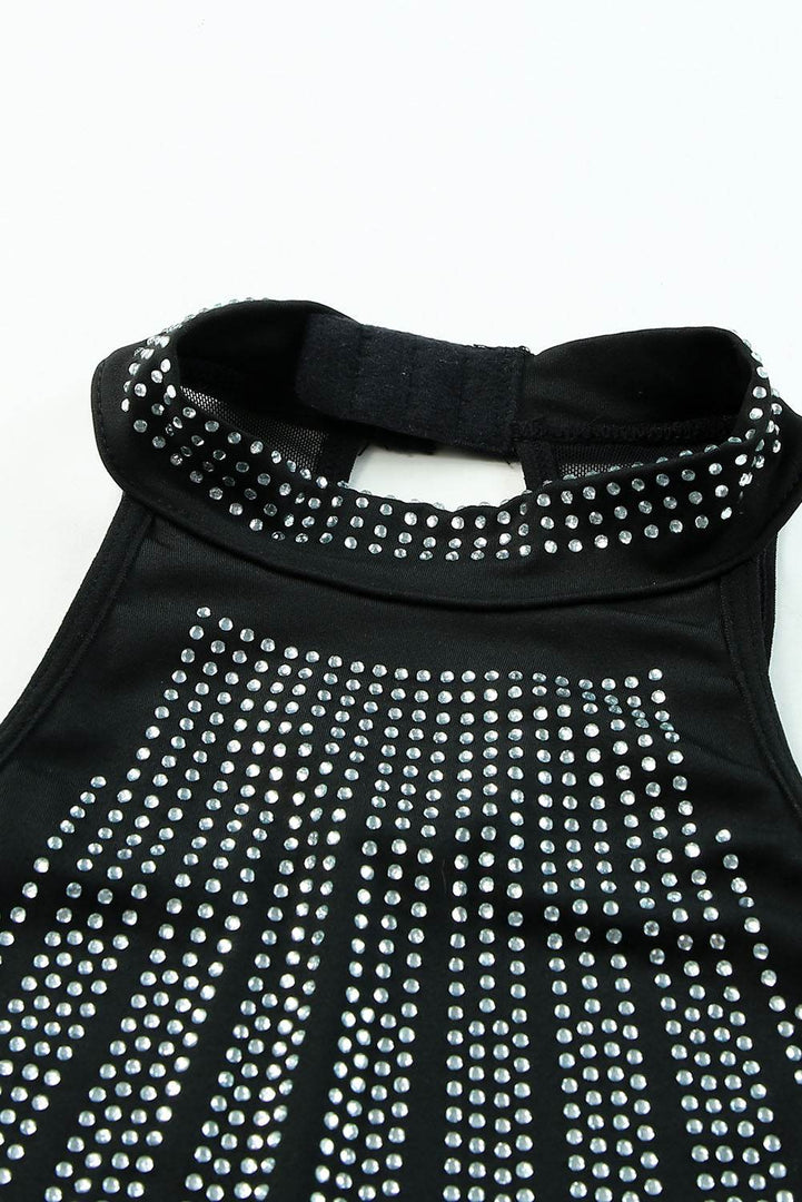 Black High Neck Sleeveless Diamante Bodysuit - Fashion Queen -  14