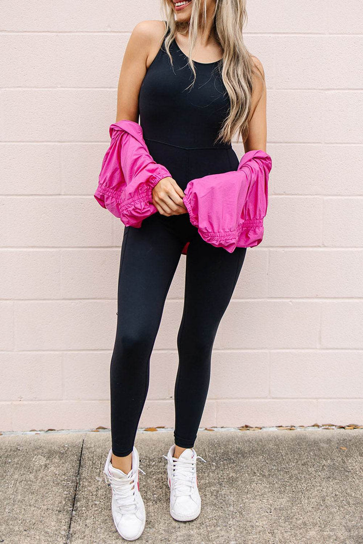 Black High Waist Backless Side Pockets Sports Jumpsuit - Fashion Queen -  1