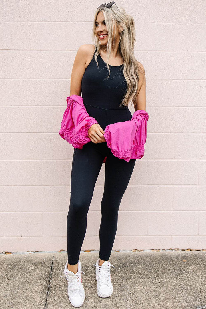 Black High Waist Backless Side Pockets Sports Jumpsuit - Fashion Queen -  4