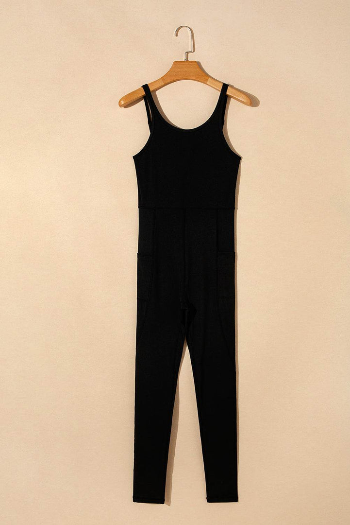 Black High Waist Backless Side Pockets Sports Jumpsuit - Fashion Queen -  6