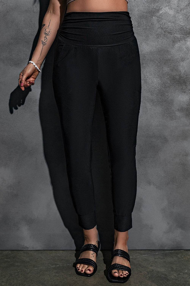 Black High Waist Pleated Pocket Leggings - Fashion Queen -  9